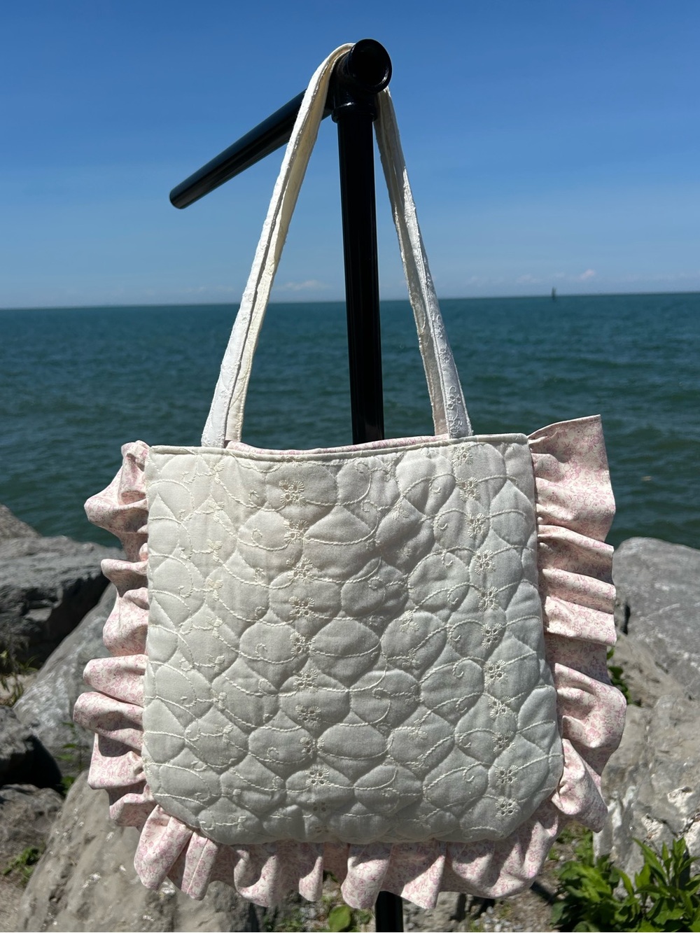 Cream and Pink Floral Ruffle Tote Bag